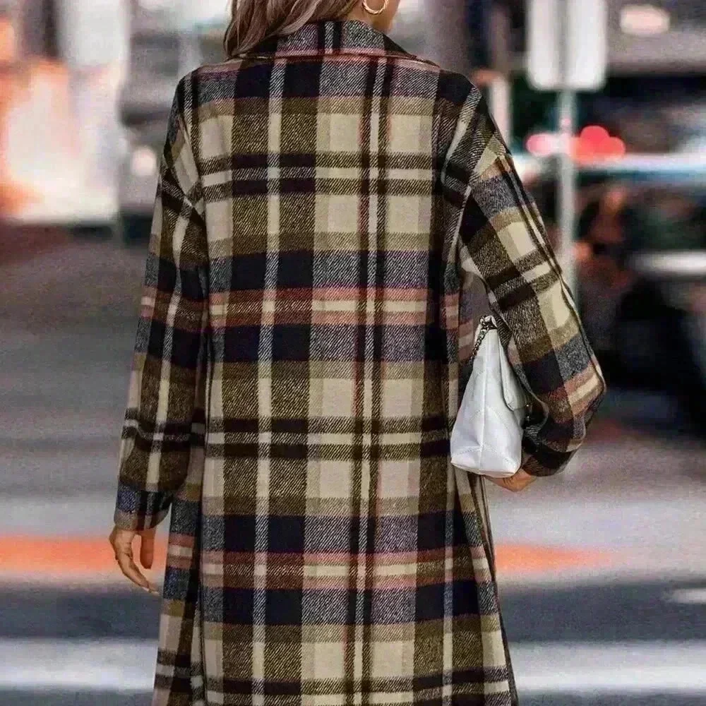 Navy Blue Elegant Women's Plaid Long Sleeve Button Up Shacket